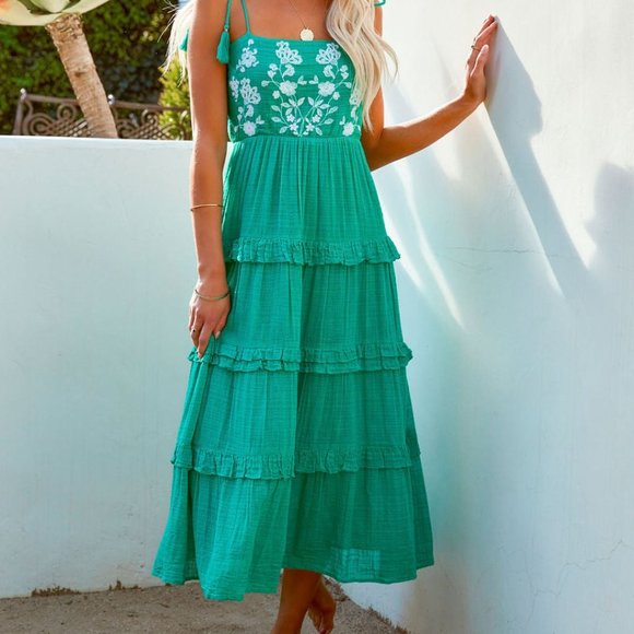 Vici Dresses & Skirts - PARISA EMBROIDERED TIERED MIDI DRESS - GRE